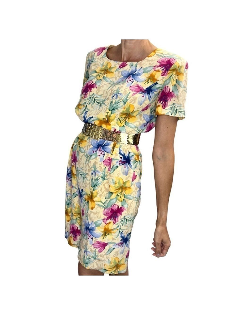 Vintage 80s 90s pure silk yellow floral cottagecore midi dress 10P